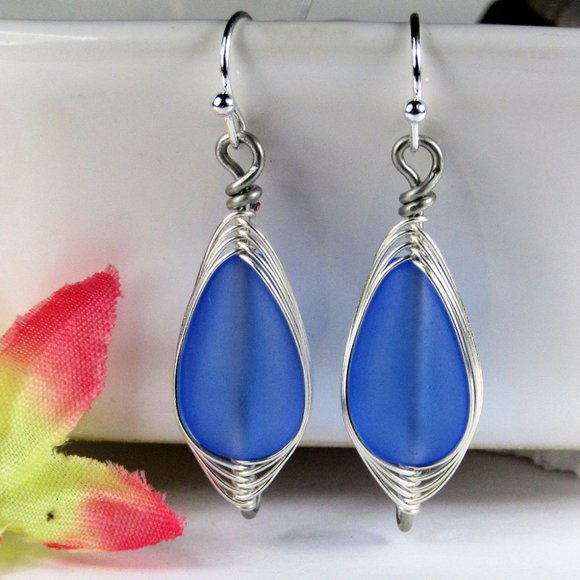 Cobalt Blue Sea Glass Artisan Earrings - Picture 1 of 5